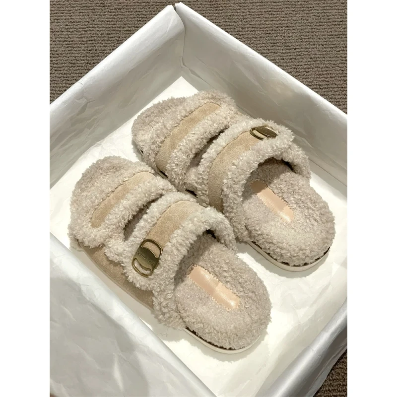厚底勃肯毛毛拖鞋女外穿2025年秋冬高级感爆款防滑棉拖鞋子一字拖