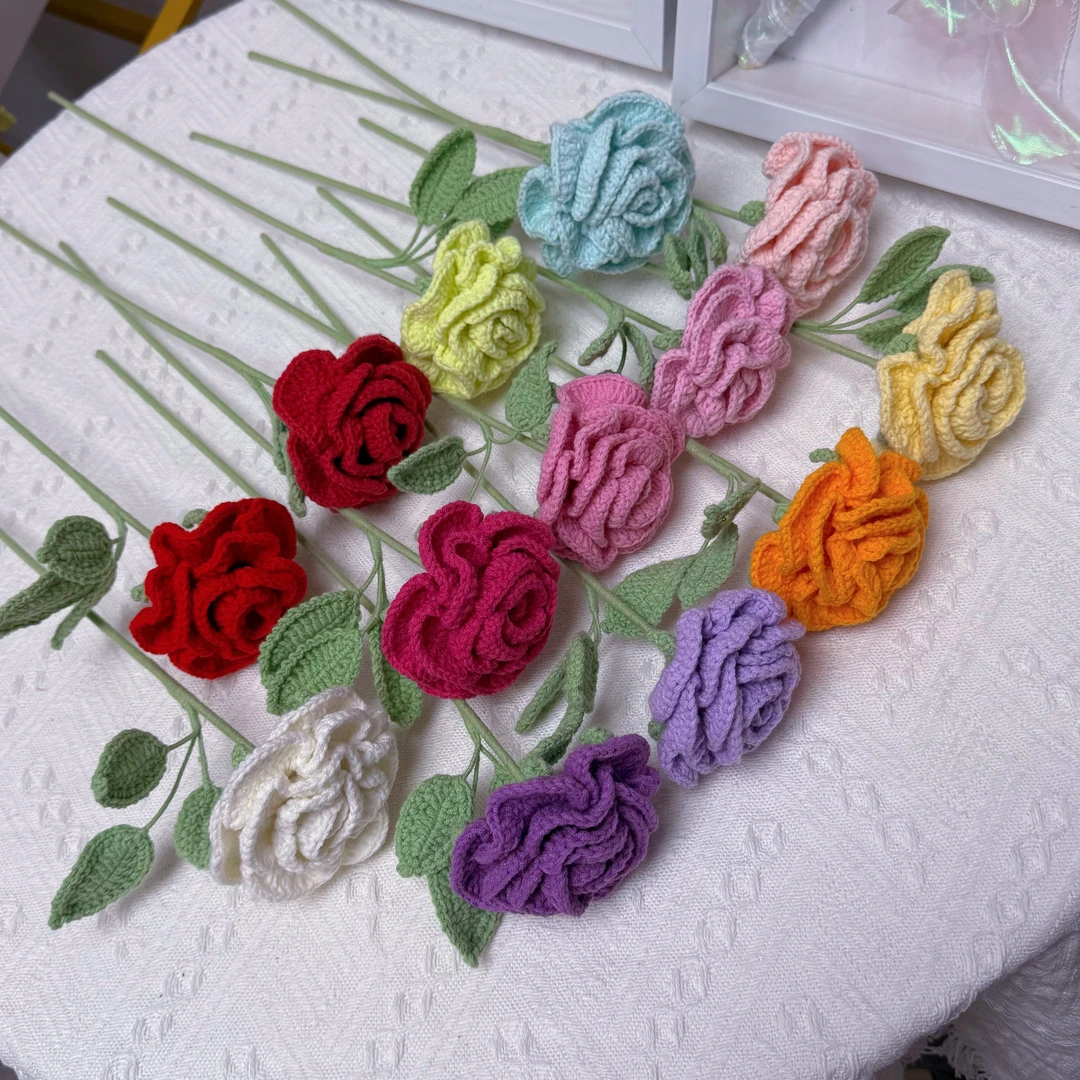 纯手工毛线钩织【拉菲玫瑰】花束针织成品永生花插花瓶送礼毛线花