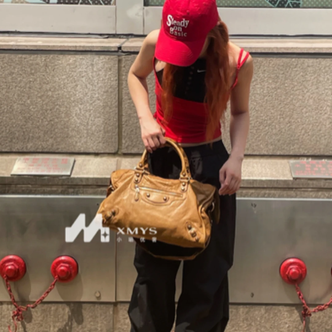 99新 Balenciaga/巴黎世家 棕色金钉中号机车包手提单肩包无镜子
