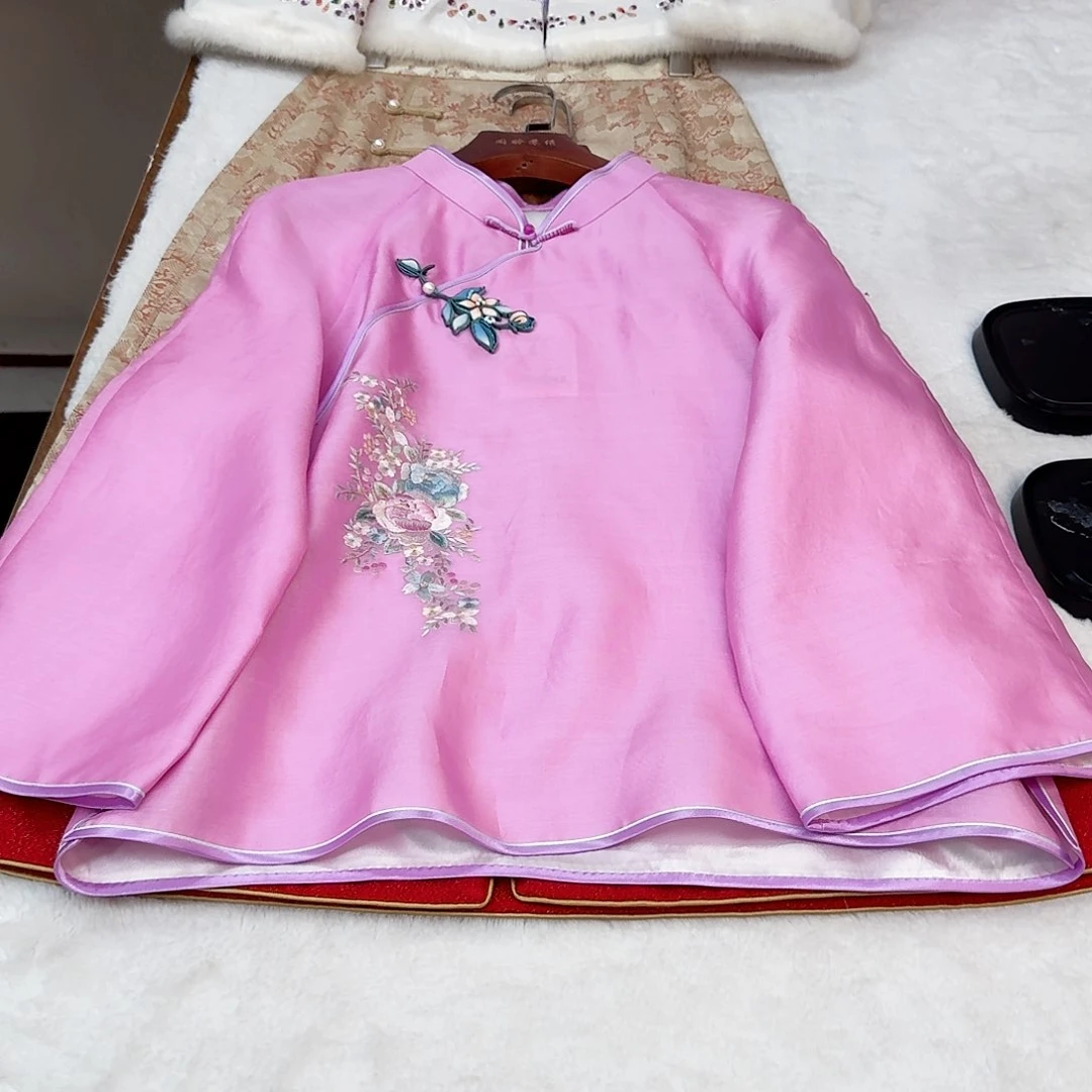 刺绣真丝欧根纱 斜襟