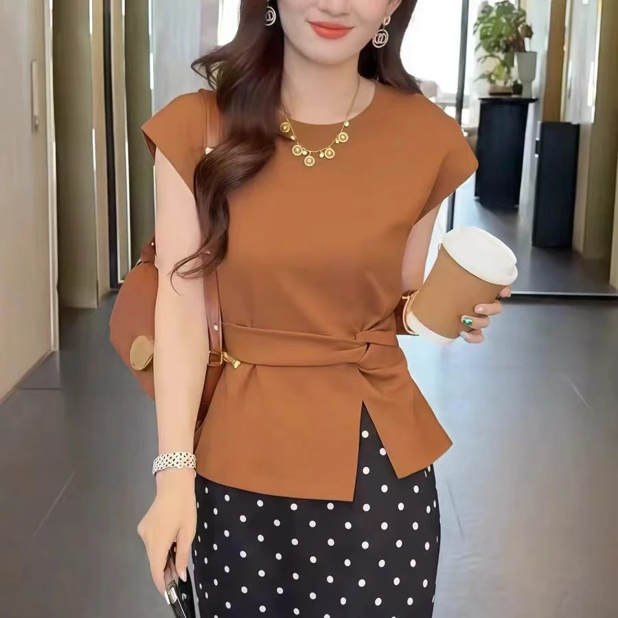 设计感收腰结饰短袖T恤女修身显瘦韩版上衣