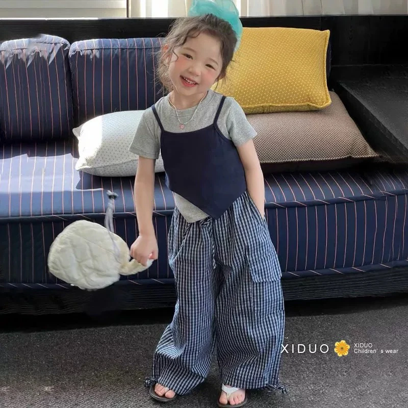 韩国女童夏款设计感不规则吊带短袖休闲格子工装直筒裤