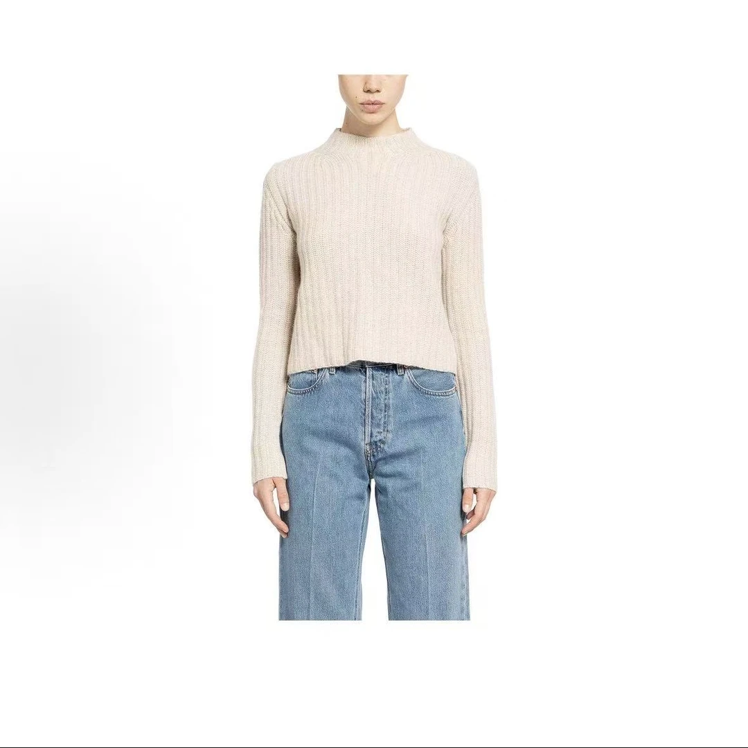 未使用 MaxMara MAXMARA 中圆领套头螺纹毛衣 女款 米白色 ALOA