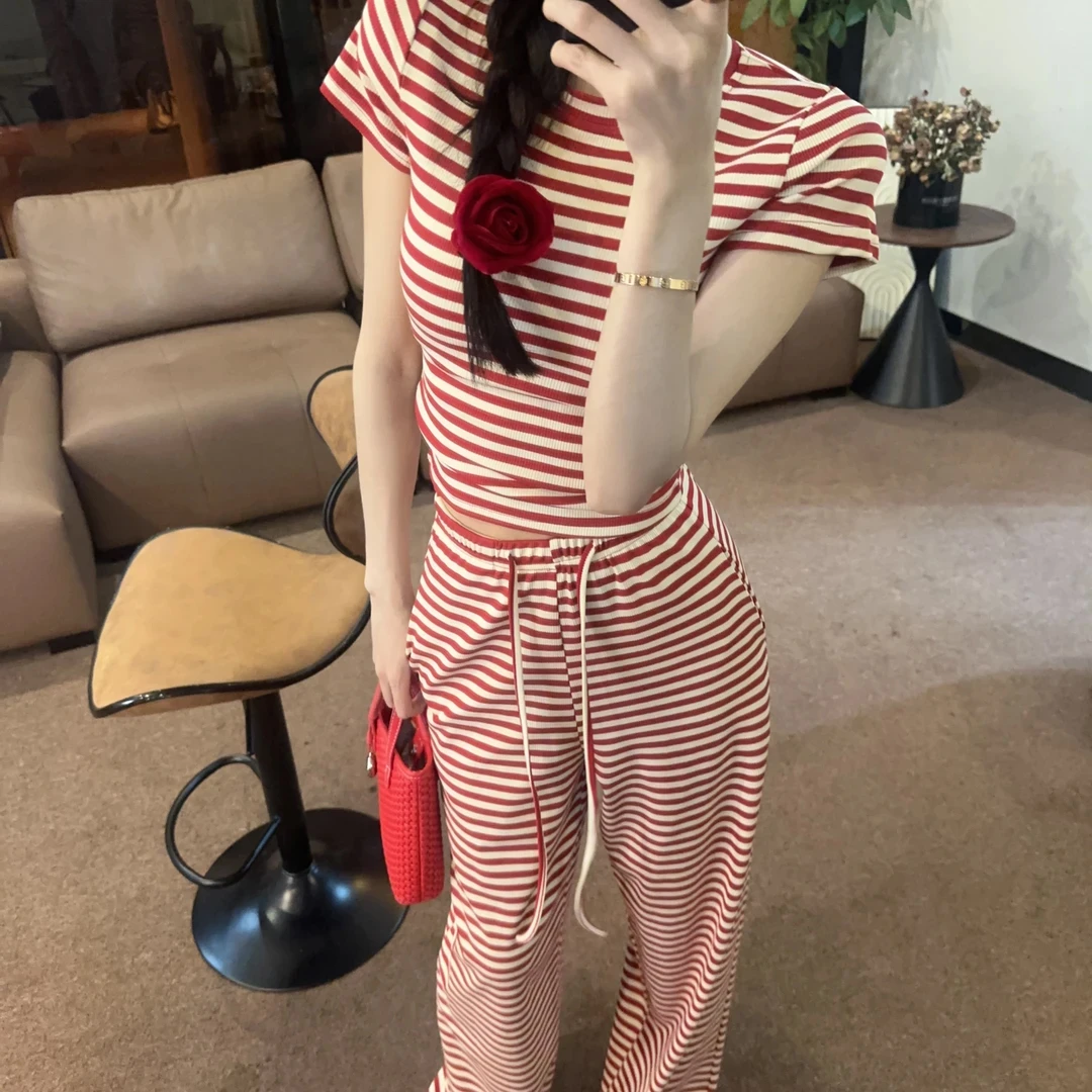 夏季新款撞色条纹短袖t恤时尚设计感小众修身显瘦阔腿裤休闲套装