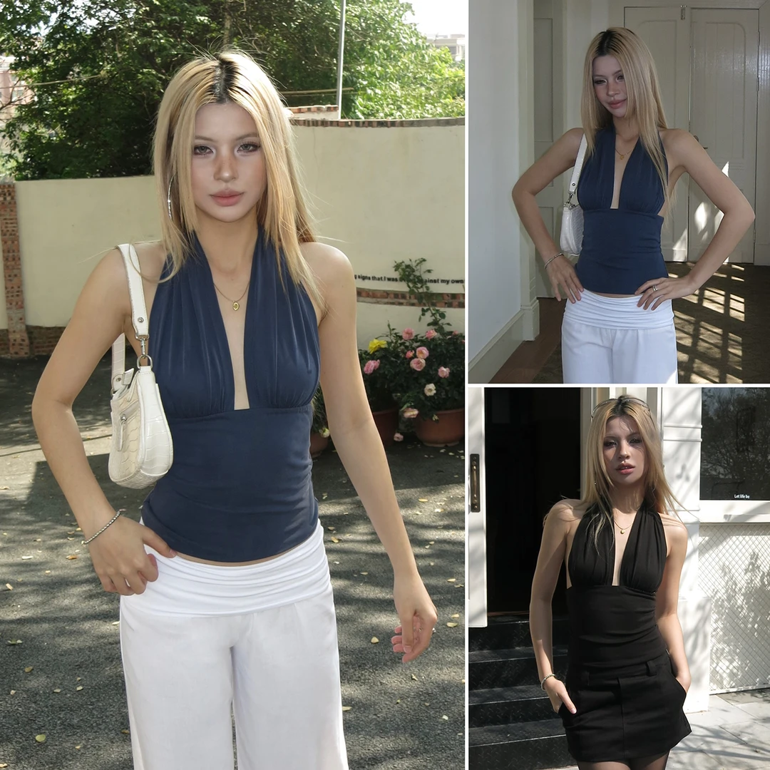 Audwyn铜氧丝挂脖V领背心女2025年新设计感百搭柔软露背吊带上衣