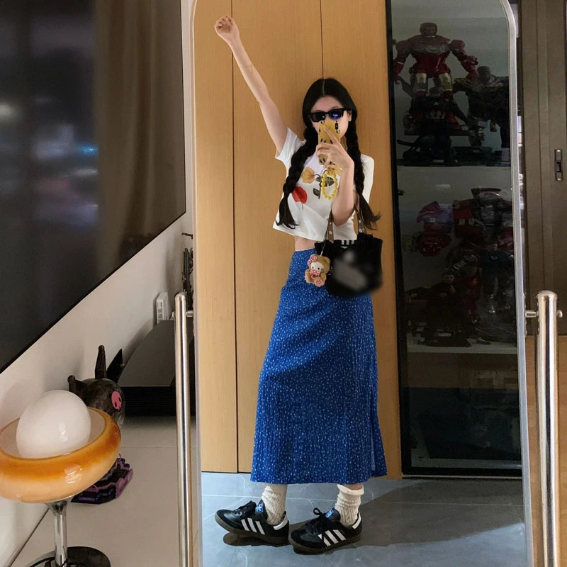 蓝色直筒3111碎花半身裙女2025夏季薄款设计感小众气质度假风