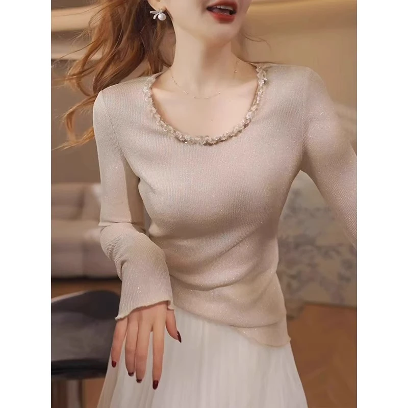 重工钉珠纯色针织衫女2025年春季新款高级感气质轻奢打底长袖上衣