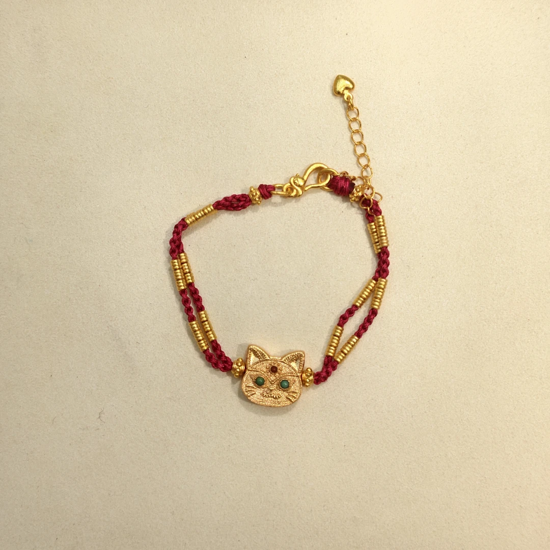 铜合金手链 X173绿猫眼猫头算盘珠红绳手串0068