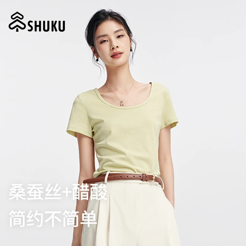 SHUKU/舒库M6夏季女士丝滑醋酸桑蚕丝短袖气质纯色T恤显瘦春夏