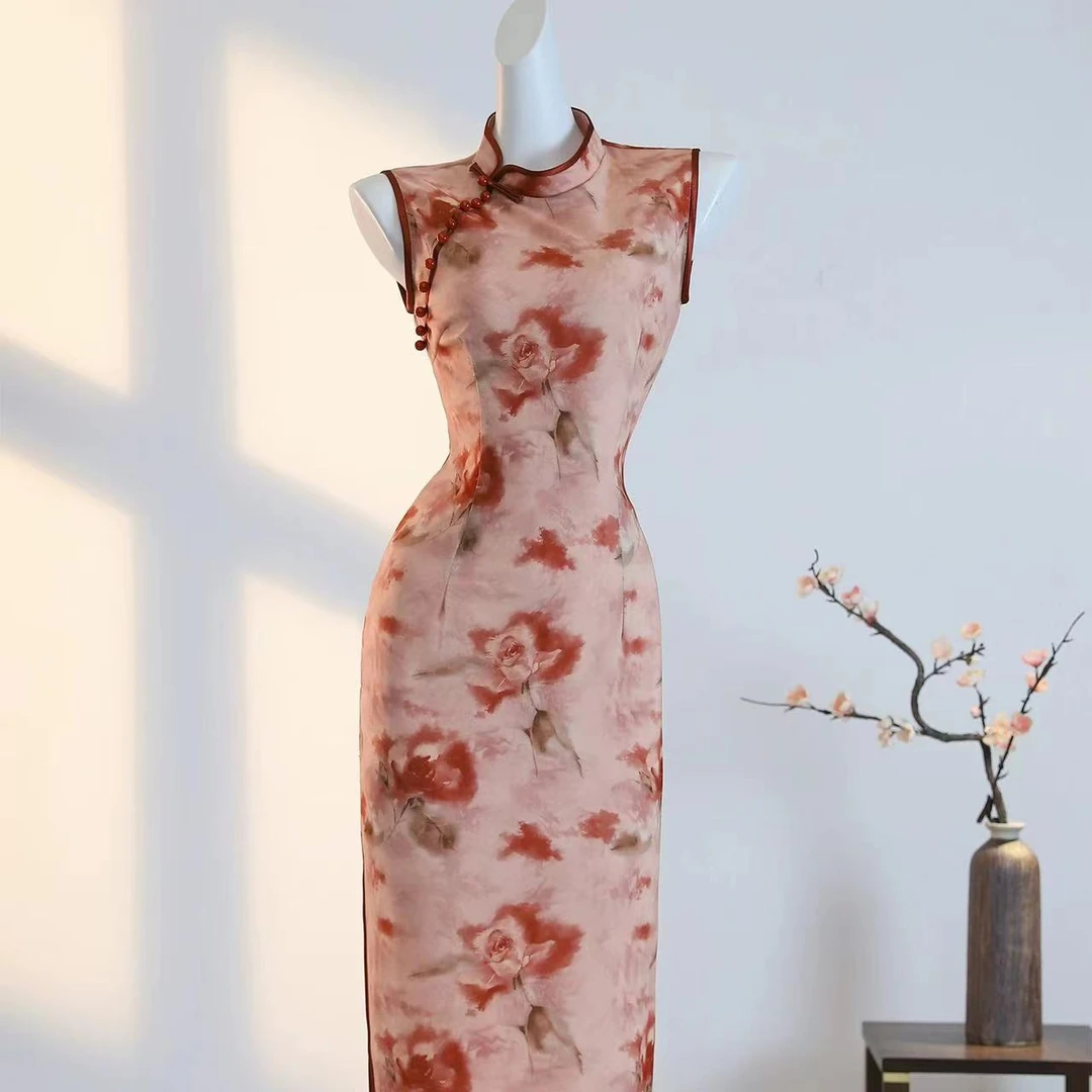 旗袍【玫瑰】2025年夏季新款复古港风无袖日常修身单层长款连衣裙