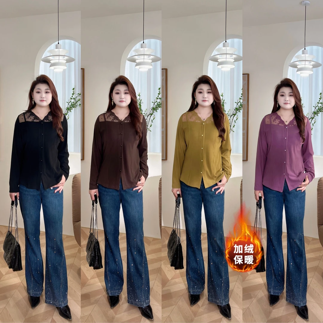 【上新上衣】PMM82318秋冬新款蕾丝拼接花边V领显瘦大码女装T恤