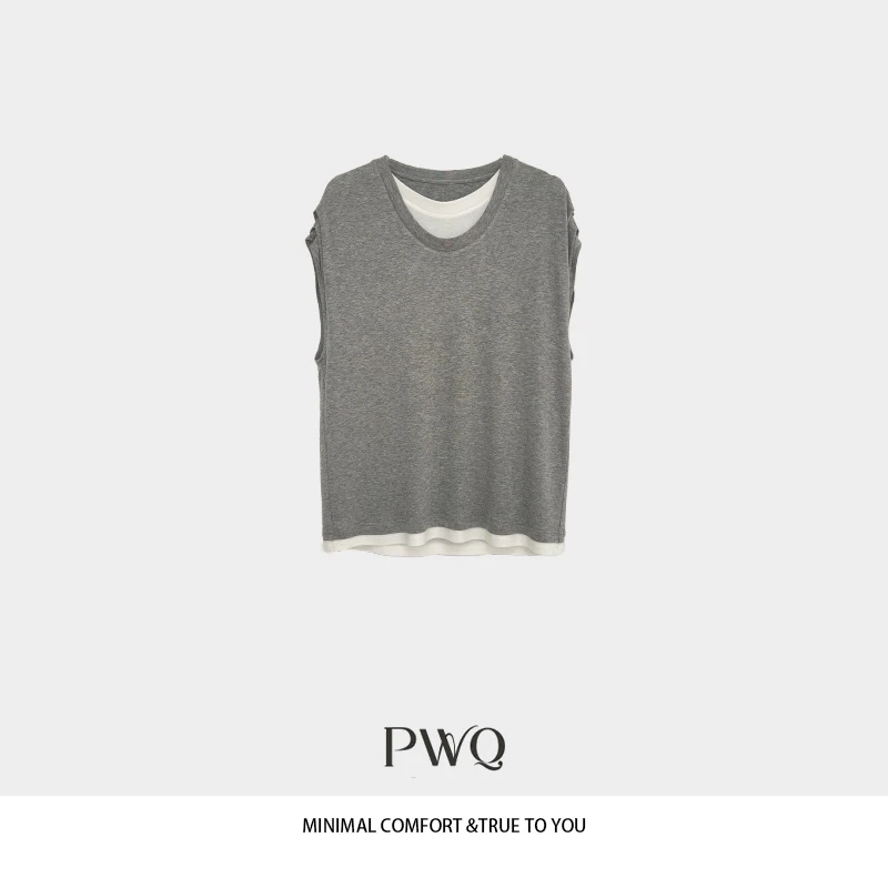 T恤上衣假两件天丝羊毛拼接U领洋气衣服女针织EZ-25419XI2-QP