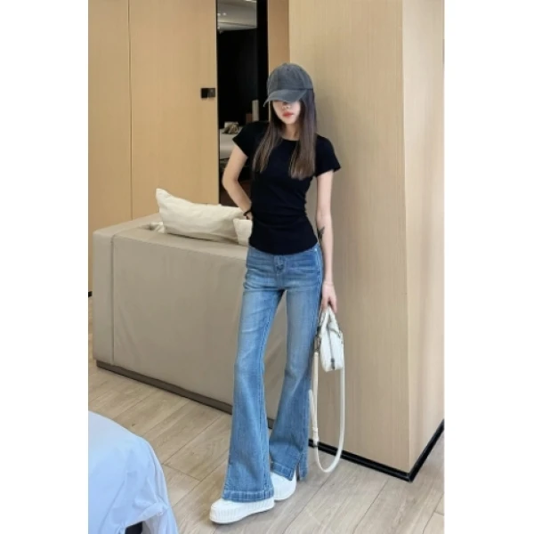 夏季复古蓝高腰微喇牛仔裤显瘦时尚设计感小个子阔腿牛仔裤W2355