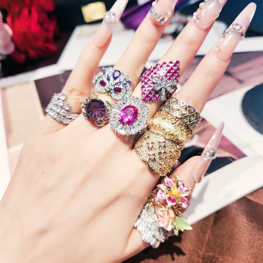 铜合金合成锆石戒指 1小众复古时尚轻奢百搭气质设计开口戒指环