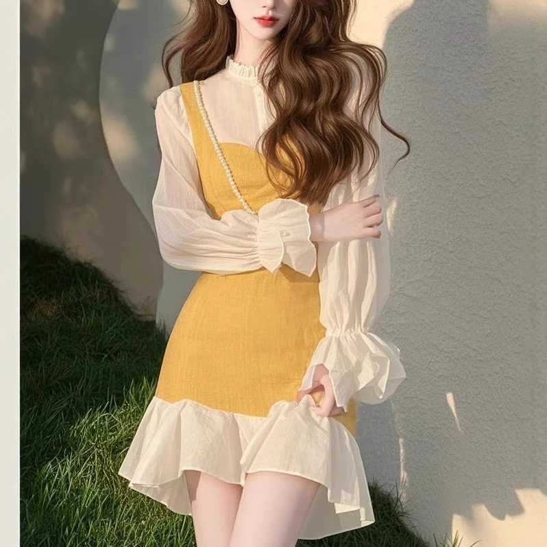 法式掐腰千金高级感气质减龄显瘦黄色假两件连衣裙女装