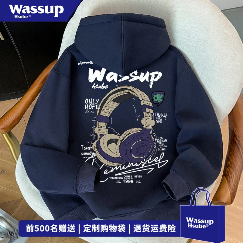 WASSUP HSUBE嘻哈风耳机印花连帽开衫卫衣男秋冬新款宽松拉链外套