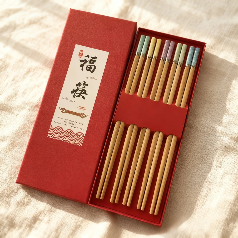 礼盒装筷子新款大理石纹五色筷子天然楠竹家用竹筷楠竹筷子