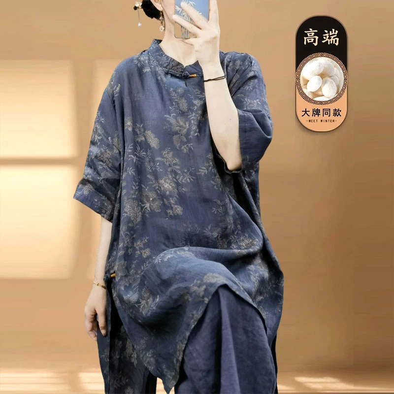 新中式女装新款复古立领盘扣苎麻印花五分袖中长款侧开叉上衣