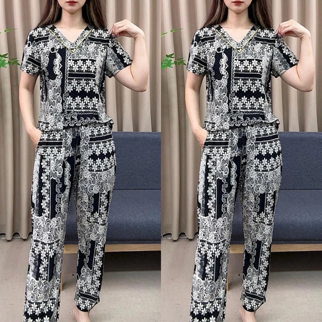 中老年女夏装冰凉休闲短袖套装妈妈装夏季印花洋气上衣裤子俩件套