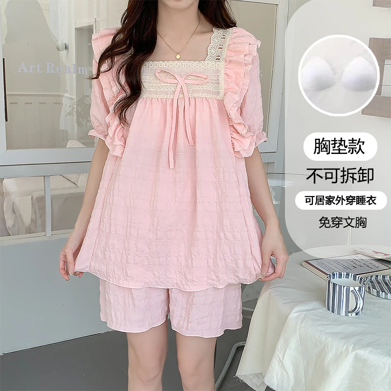睡衣女夏季短袖短裤可外穿纯色可爱甜美蝴蝶结薄款家居服套装1042