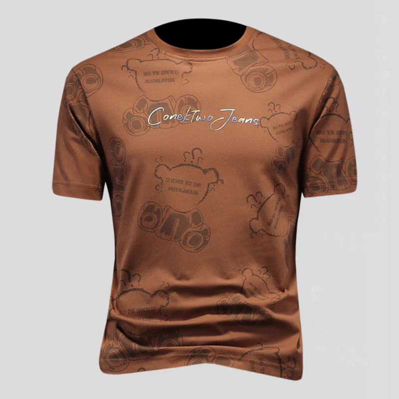 菲柯米因男士轻奢夏季微阔圆领短袖T恤小熊印花宽松小衫半袖薄t