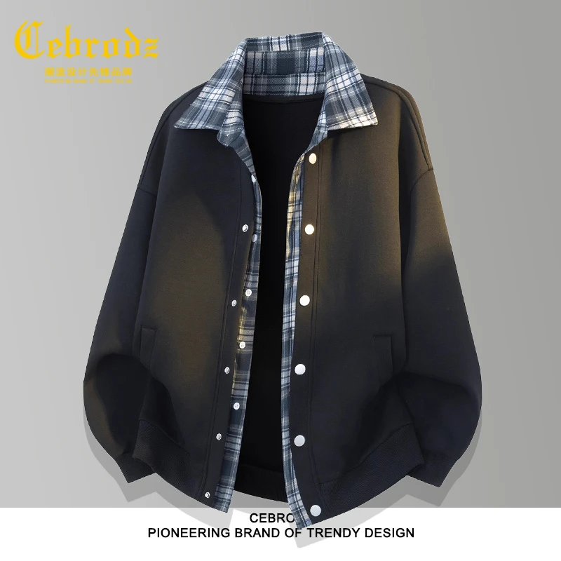 法国Cebrodz假两件衬衫领卫衣男秋冬季空气层格子设计感外套上衣