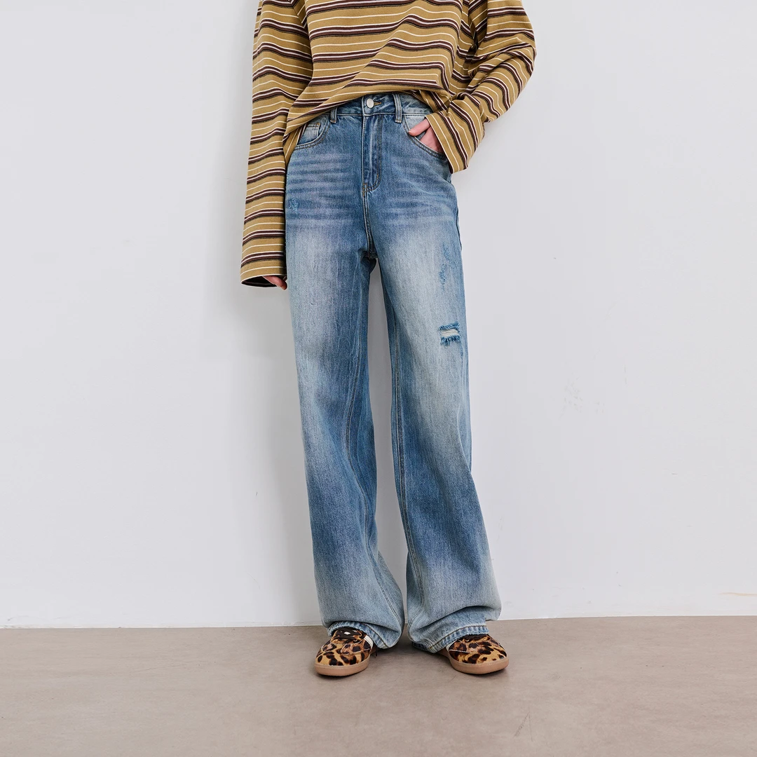 Basic House/百家好复古通勤直筒牛仔裤女2025春季渐变宽松阔腿裤