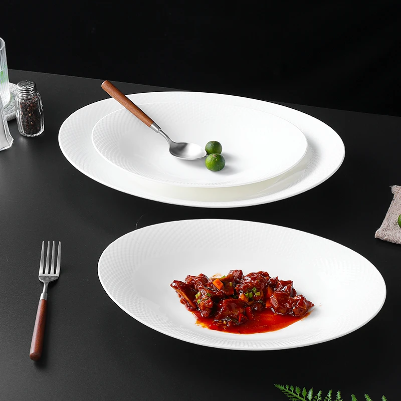 轻奢酒店陶瓷餐具鱼盘钻石纹理深盘大号热汤菜盘椭圆盘意境菜餐具