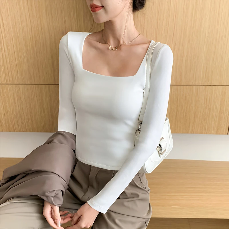 白色气质方领打底衫女早秋2025新款高端螺纹性感打底衫女内搭长袖