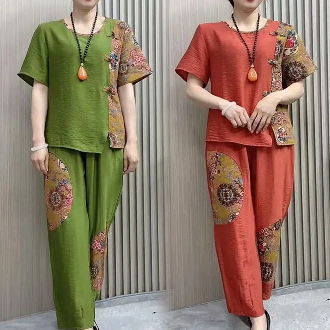 洋气夏款时尚妈妈装复古拼色上衣加裤子休闲宽松显瘦气质女士