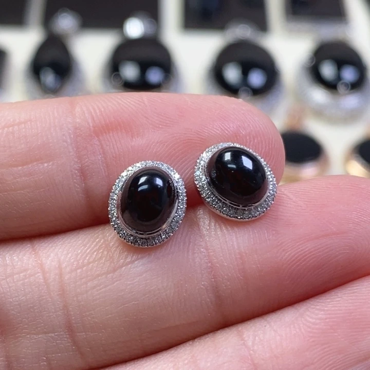 翡翠耳饰18K金镶嵌缅甸天然翡翠墨翠