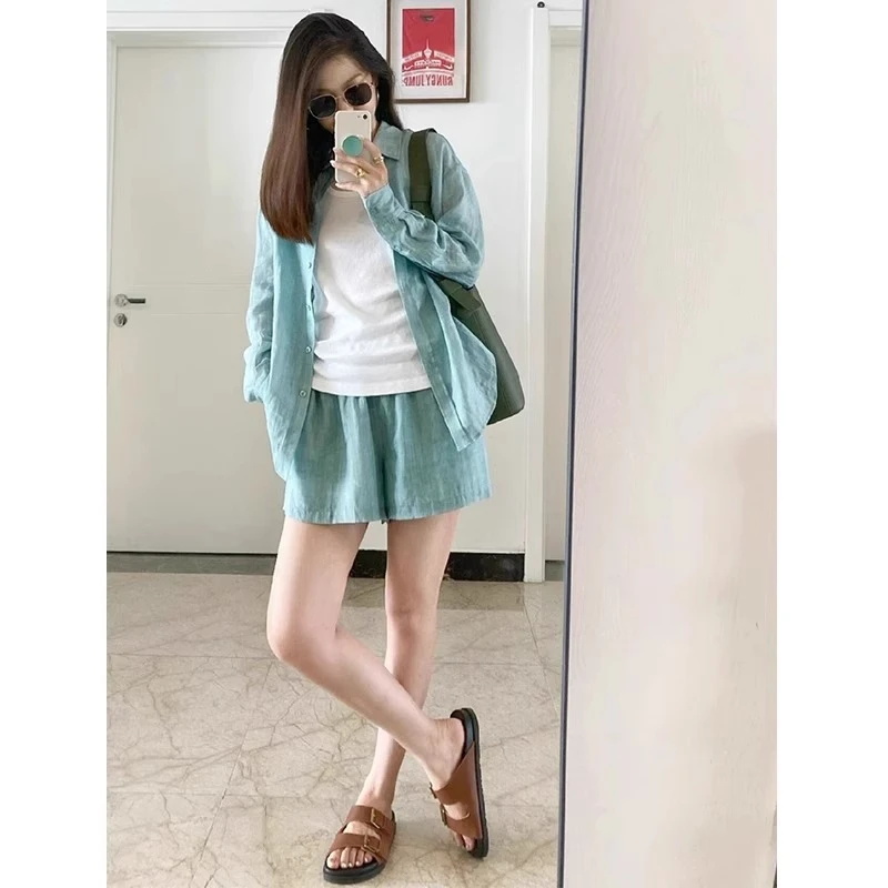 时尚亚麻衬衫套装女2025夏装休闲慵懒度假穿搭防晒棉麻衬衣两件套