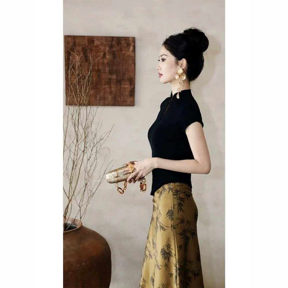 新中式国风黑色上衣半身裙两件套装裙女2025夏季新款气质设计感