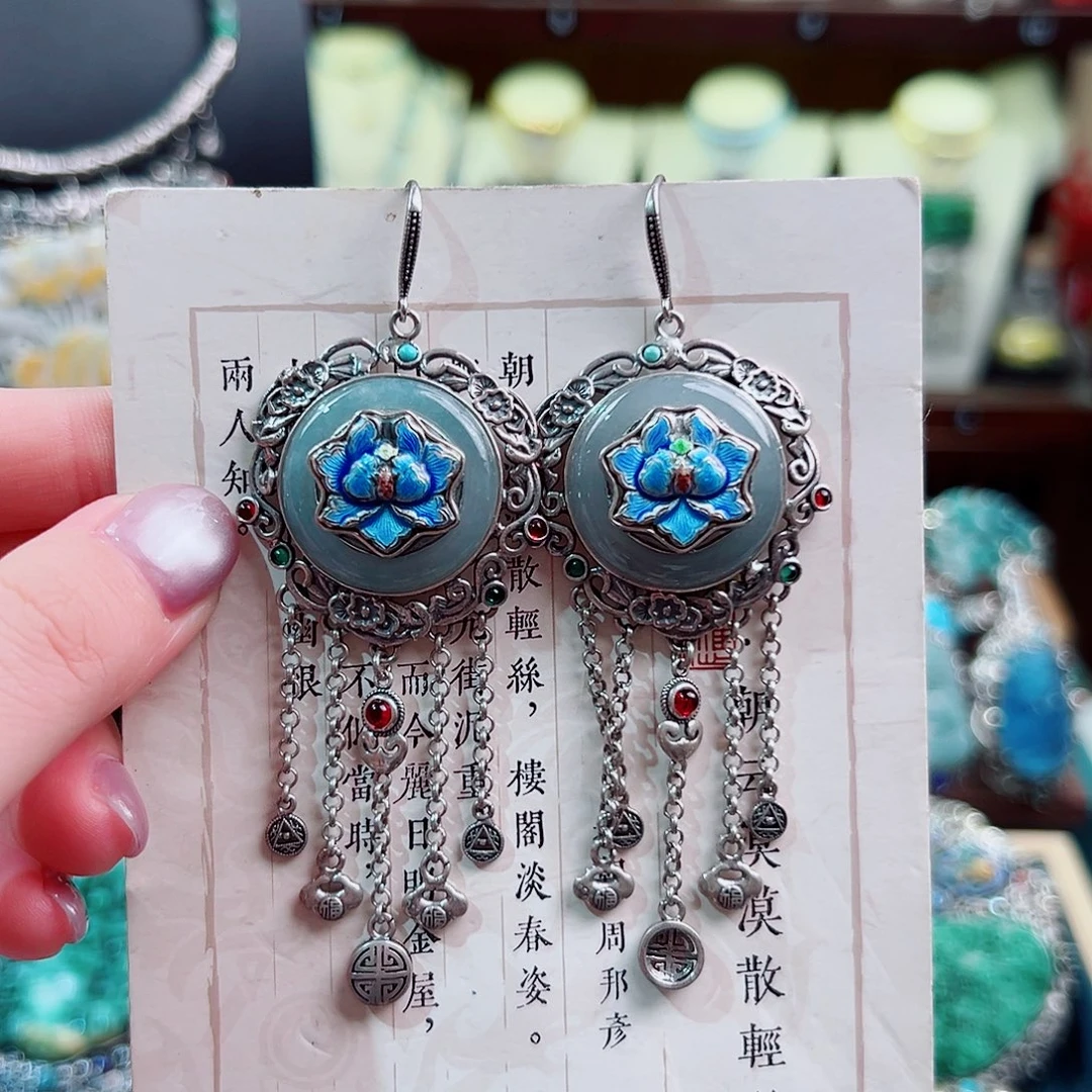 翡翠银S925镶嵌挂件耳环