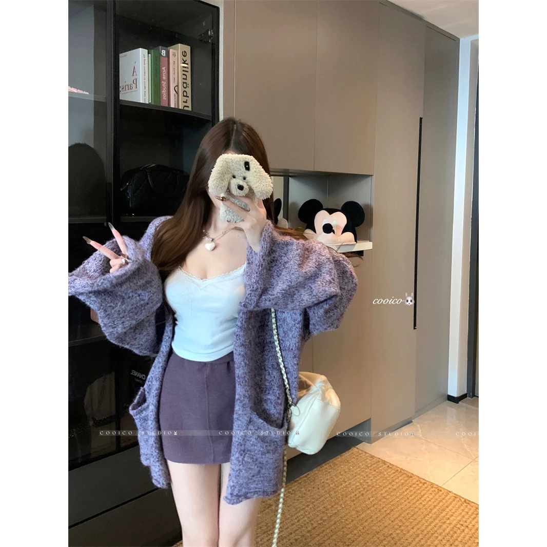 爆款紫色毛衣外套女高级感宽松港味复古慵懒风翻领长袖针织开衫