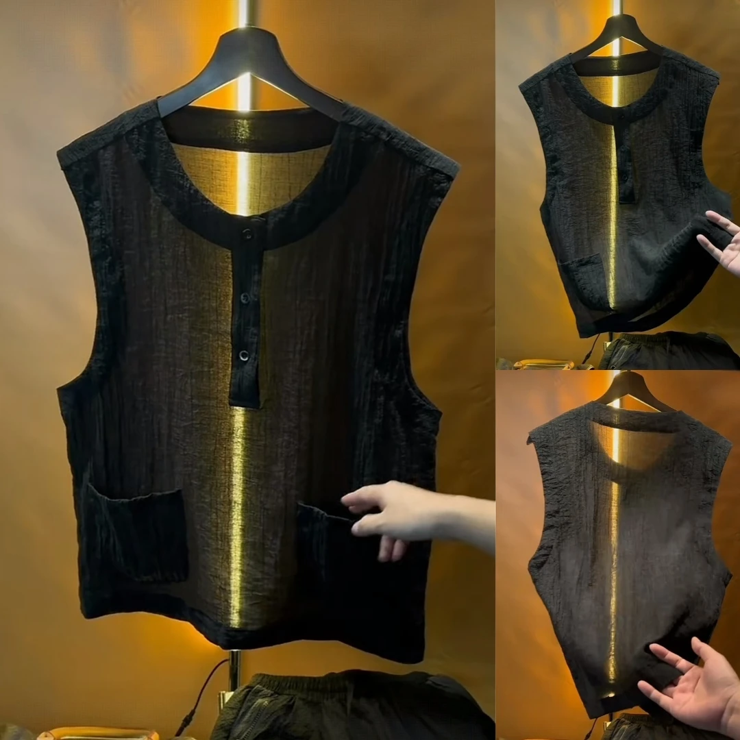 薄款夏季圆领背心无袖中式宽松复古T恤基础高级感男装大众中国风