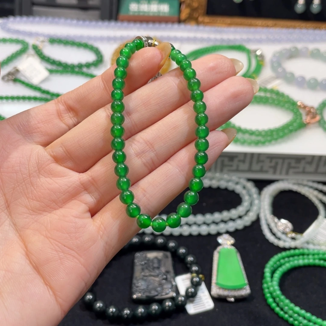 翡翠银S925镶嵌手链满绿卡4.9