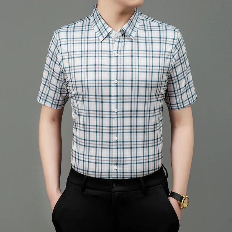 卡尔皮诺1130棉麻夏季格子薄款短袖男装百搭休闲宽松潮流男士衬衫