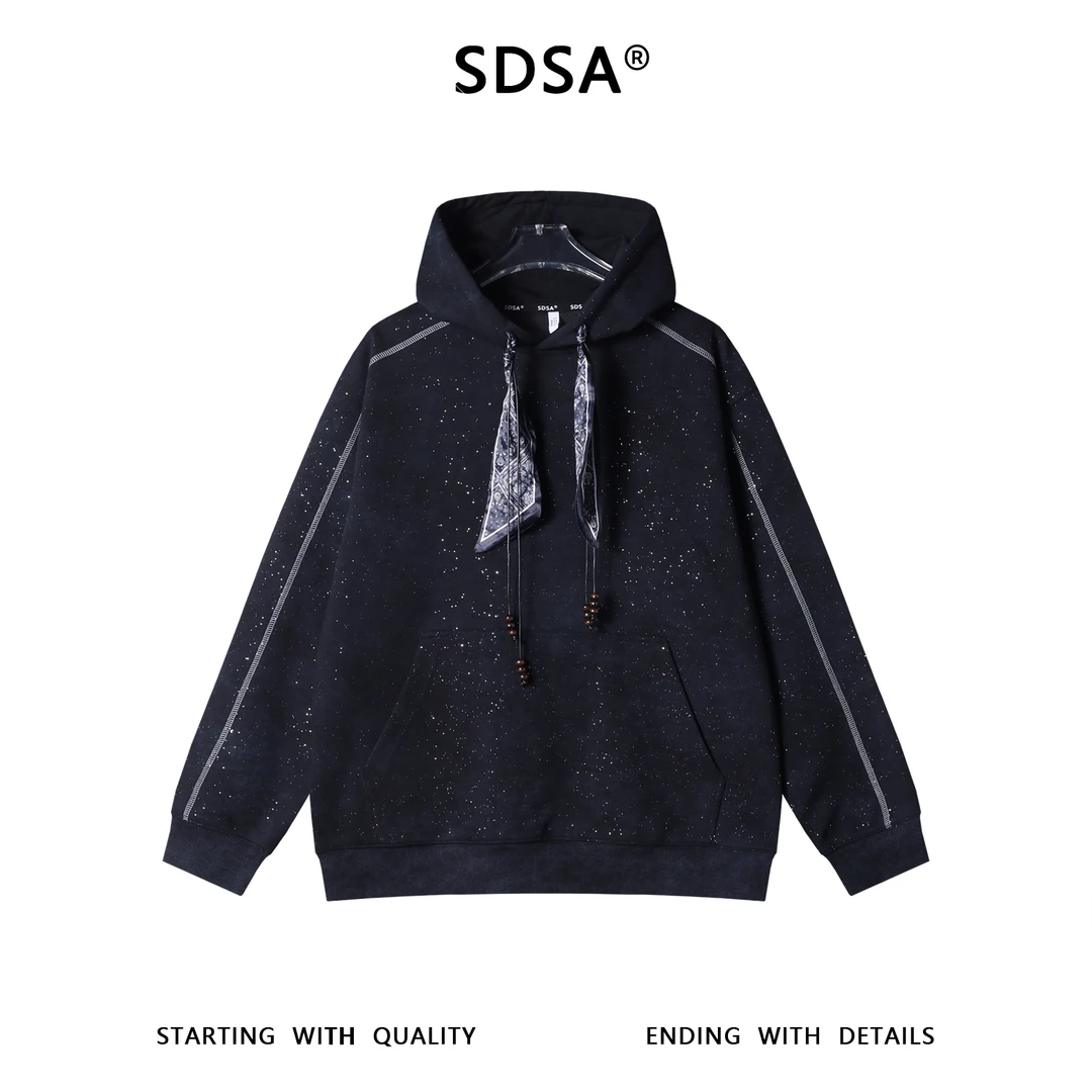 SDSA男士秋冬新款痞帅男装韩版满天星缝线丝巾抽绳连帽卫衣百搭