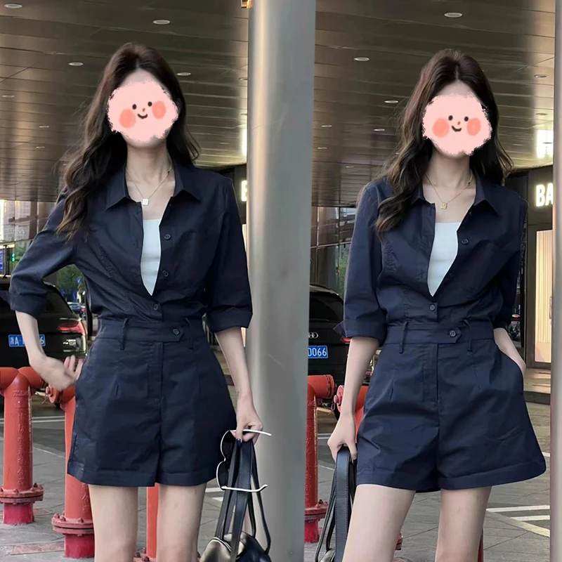 深蓝色连体裤休闲工装裤显白显瘦百搭薄款阔腿夏季