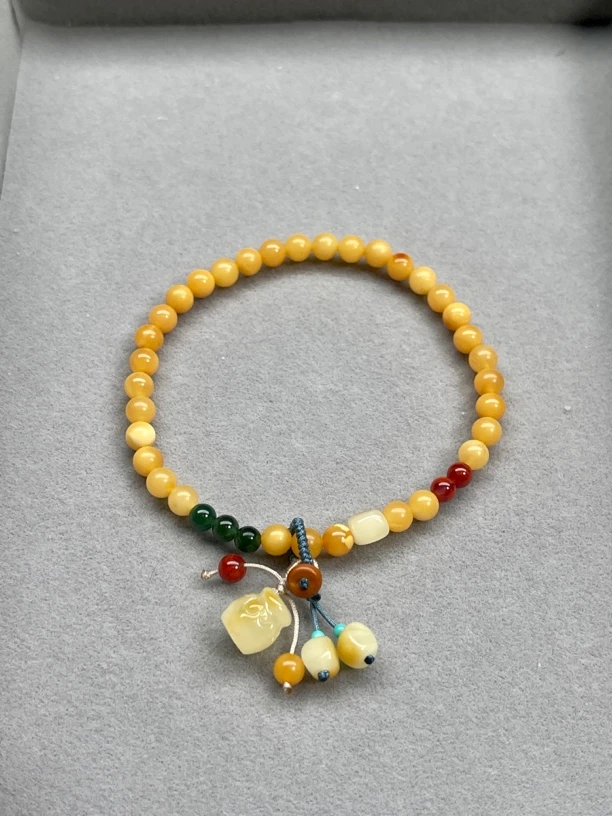 俄料头货老花蜡单圈蜜蜡手串配碧玉