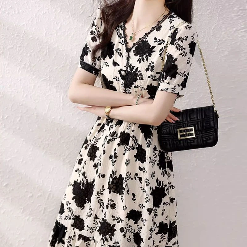 哥弟阿玛施正夏季新款法式女装高级感收腰气质显瘦印花连衣裙裙子