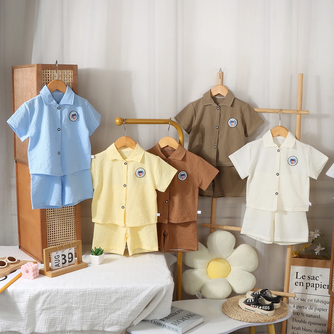 亮灯哪吒~儿童时尚简约休闲套装爆款夏季男女宝韩版翻领短裤潮