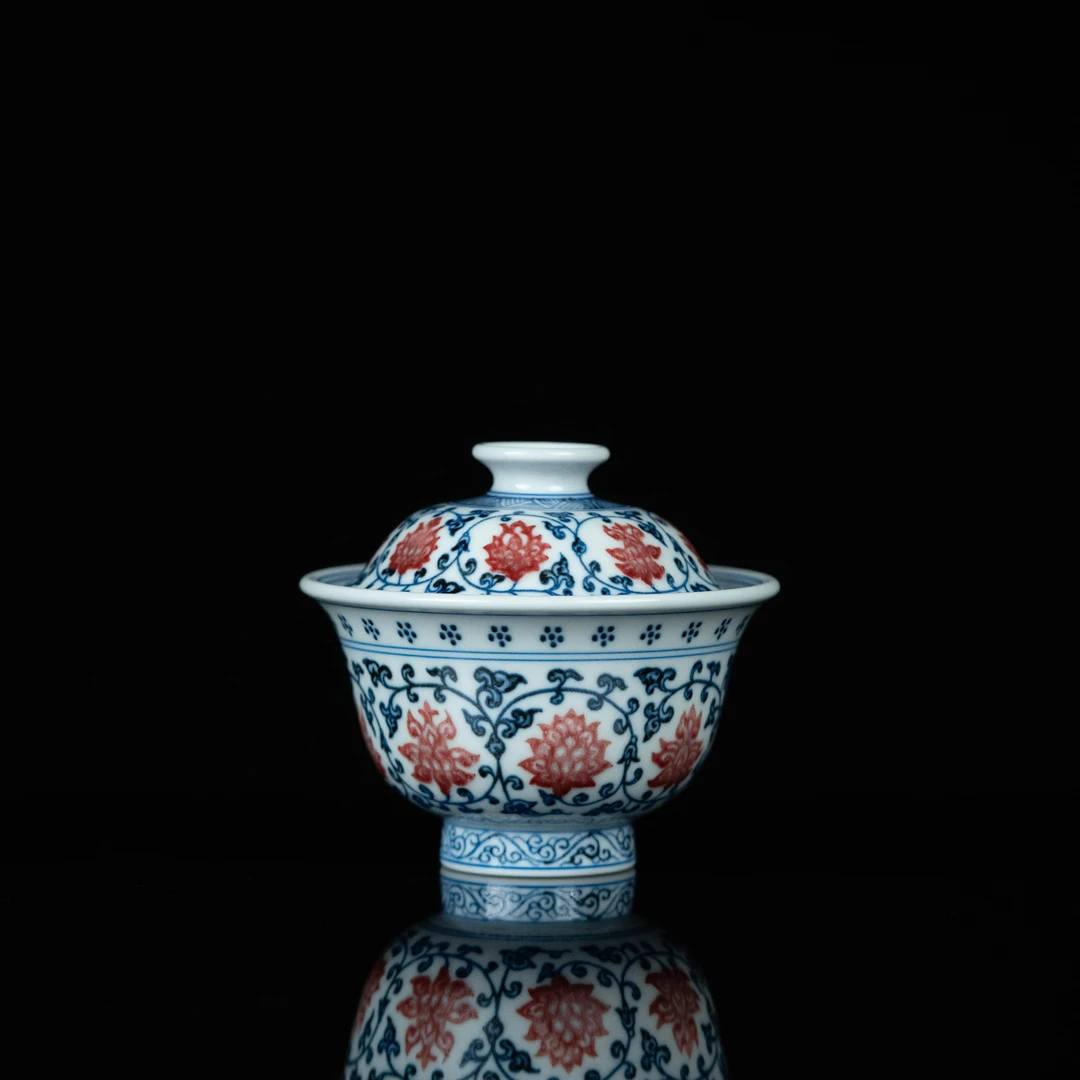 【利贞】青花釉里红双狮盖碗 瓷器盖碗 约140cc 纯手绘制YGT