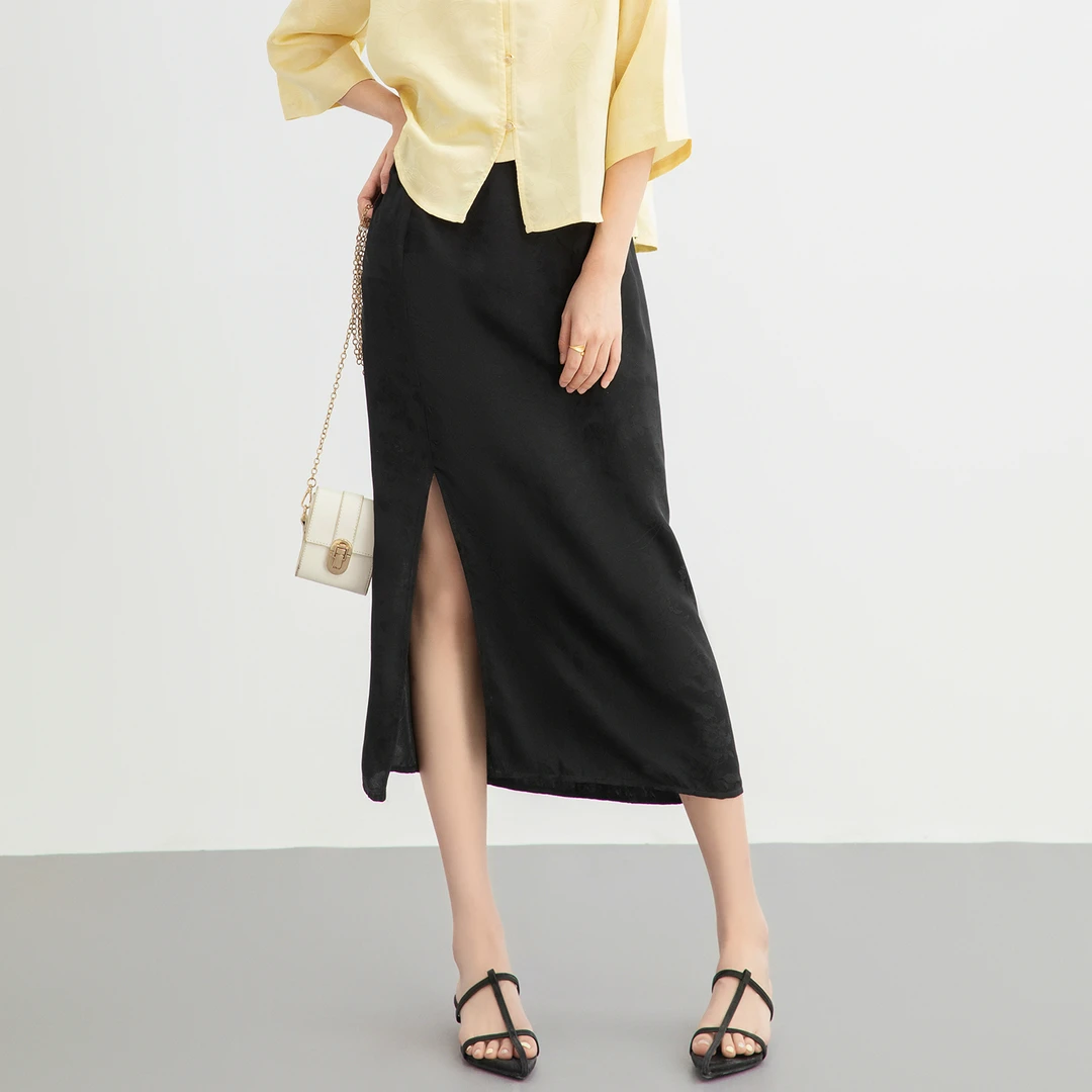 （100桑蚕丝）提花桑波缎缠枝莲纹气质半裙一步裙包裙夏天新款