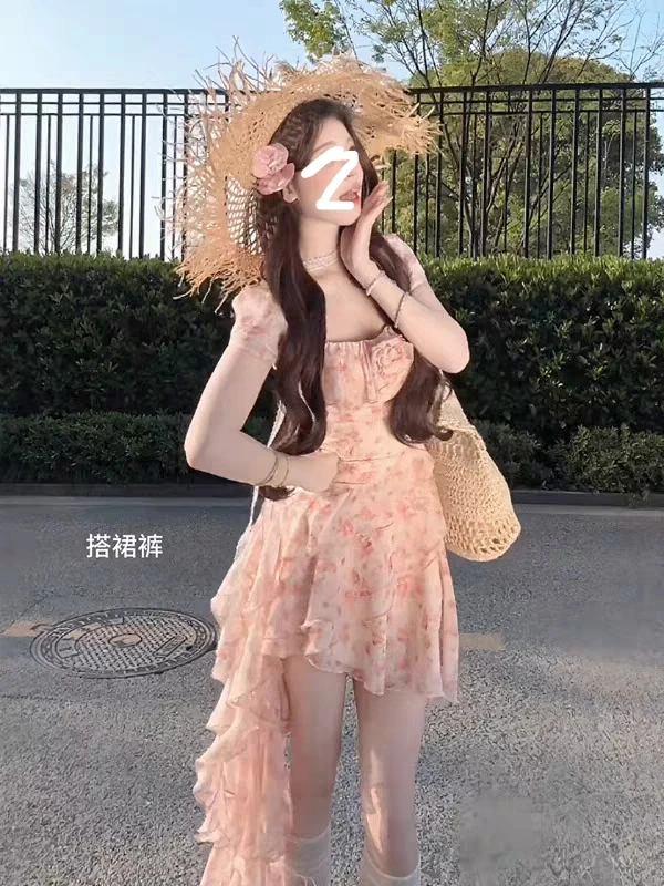 法式荷叶边不规则碎花连衣裙高腰裙裤两件套女2025夏日漂亮小套装