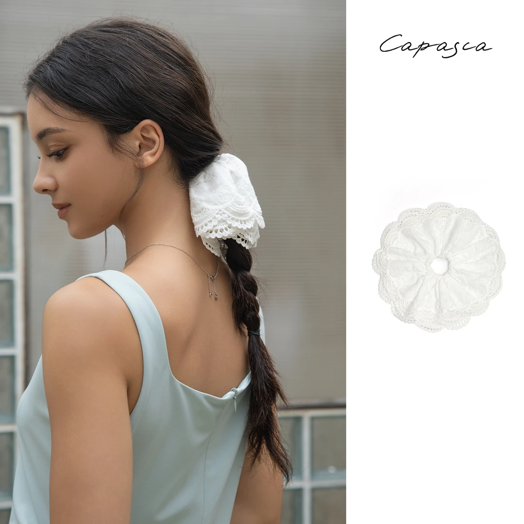 capasca发绳蕾丝花边双层发圈皮筋复古发饰女网纱白色