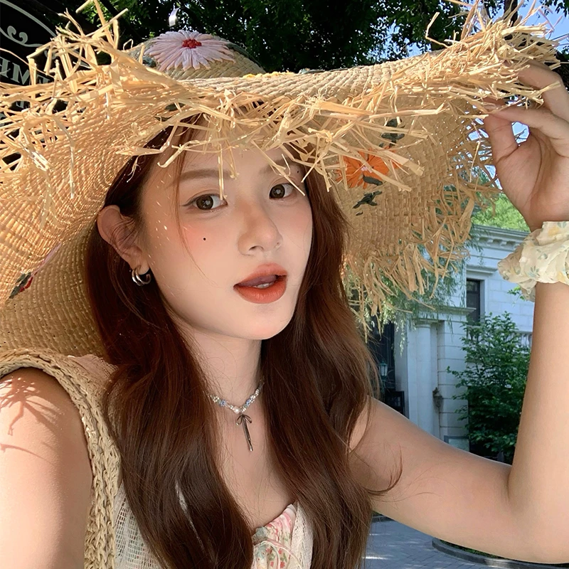 法式手工拉菲草帽女夏季出游海边沙滩度假大帽檐遮阳太阳帽子