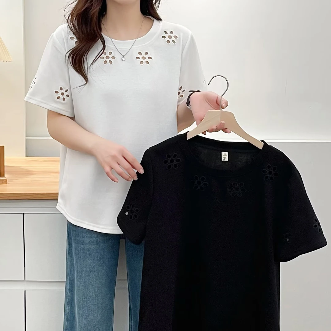 夏季新款大码洋气镂空小花设计感短袖T恤宽松显瘦