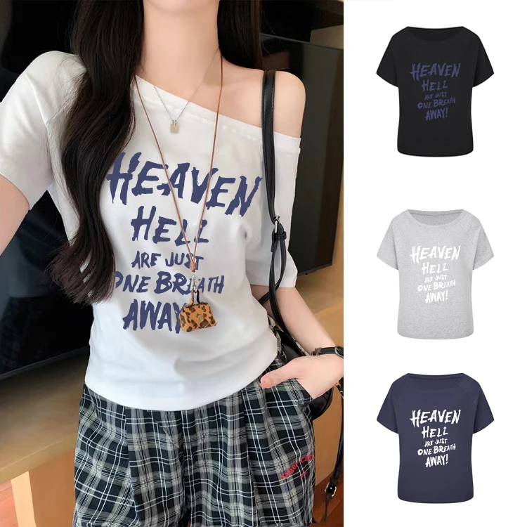 一字肩短袖T恤女装夏季宽松百搭露肩印花辣妹设计感斜肩上衣女